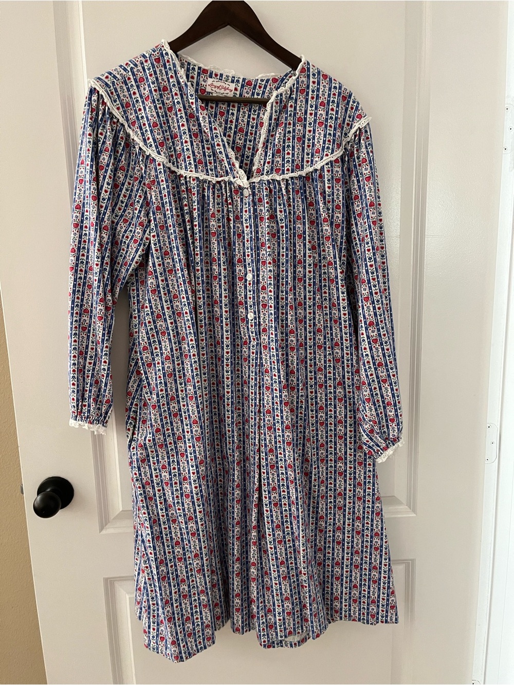 Classic Floral Stripe Long Sleeve Nightgown - Blue & Red